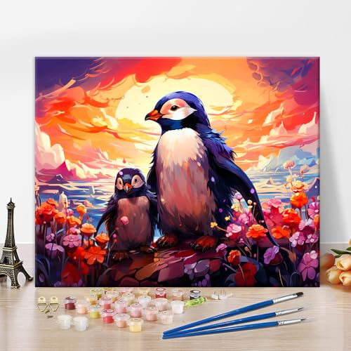 TISHIRON DIY Pinguine Malen nach Zahlen, Aquarell Tiere Malen nach Zahlen für Erwachsene, Abstrakte Kunst Malerei Erwachsene Malen nach Zahlen Kits auf Leinwand Malen nach Zahlen für Anfänger 16 "x20 von TISHIRON