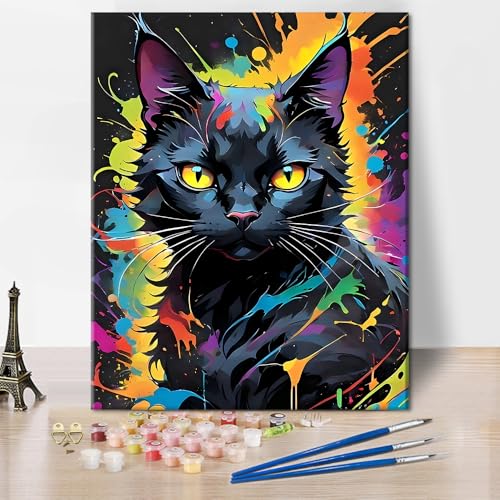 TISHIRON DIY Wasserfarben Ölmalerei Abstrakte Schwarze Katze mit farbiger Farbe Malerei Farbtafel für Erwachsene Farbtafel Sets für Heimdekoration 16" W x 20" L Rahmenlos von TISHIRON