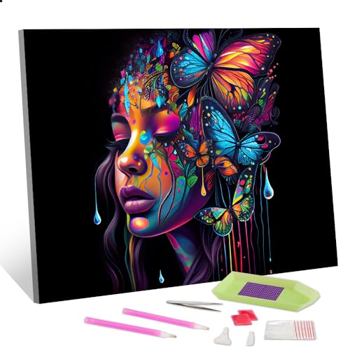 TISHIRON Diamond Painting Kits Schmetterling und Mädchen Diamond Art für Erwachsene DIY Diamond Painting Full Drill Abstract Black Girl Paint with Diamonds Gem Art Kit Crafts for Home 12 "x16 von TISHIRON