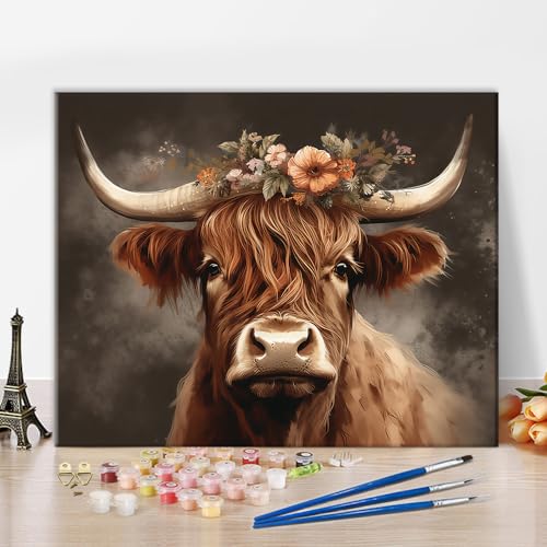 TISHIRON Digitale Malerei Kühe für Erwachsene Landwirtschaft Tiere DIY Kunsthandwerk Anfänger Highland Kühe mit Blumen Digitale Zeichnung Kit Ölgemälde Digitale Zeichnung Kit Stoff 16 "x20 von TISHIRON