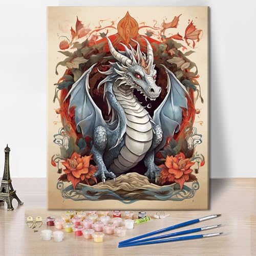 TISHIRON Drachen Malen Nach Zahlen Set für Erwachsene Drachen mit Blumen Hintergrund DIY Erwachsenen Malen Nach Zahlen Sets auf Leinwand Tier Öl Gemälde Kunsthandwerk von TISHIRON