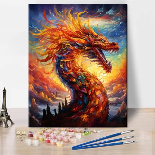 TISHIRON Drachen Malen nach Zahlen für Erwachsene Anfänger, mythische Tiere Malen nach Zahlen Fantasy DIY Acrylmalerei Kits Kinder Malen nach Zahlen Kits Kunst für Erwachsene, 16 x20 Zoll von TISHIRON