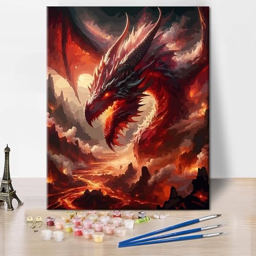 TISHIRON Drachen Malen nach Zahlen für Erwachsene Feuerdrache DIY Erwachsene Malen nach Zahlen Kits auf Leinwand Fantasy Landschaft Malen nach Zahlen Ölgemälde Kunsthandwerk 16x20 Zoll von TISHIRON