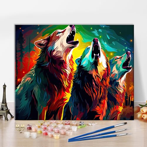 TISHIRON Drei Wölfe Malen nach Zahlen Erwachsene Tiere DIY Ölmalerei nach Zahlen für Erwachsene mit Pinseln Wald Wildlife Malen nach Zahlen Kits Kunsthandwerk 40 x 50 cm(rahmenlos) von TISHIRON