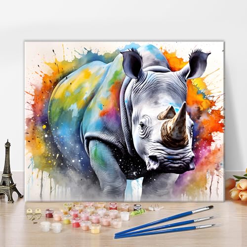 TISHIRON Einfache DIY Malen nach Zahlen Kits Farbe Wassermalerei das Nashorn Pigmente für Kinder Malen nach Zahlen Leinwand Kunst für Wohnkultur - 16" x 20" von TISHIRON