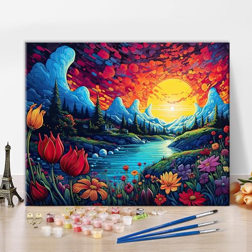 TISHIRON Einfache DIY Malen nach Zahlen Kits Landschaft mit Bunten Blumen für Kinder Malen nach Zahlen Bogen Fenster Leinwand Kunst für Wohnkultur - 16" x 20" von TISHIRON