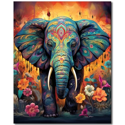 TISHIRON Elefant und Blume Farbe nach Zahlen erwachsene Anfänger, Tierfarbe nach Zahlen Kits, DIY bunte Elefant Ölgemälde Kit mit Pinseln und Pigment Home Wall Decor 16x20 Zoll (kein Rahmen) von TISHIRON