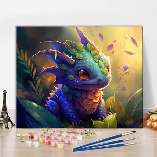 TISHIRON Erwachsene Digitale Drachen Malerei Anfänger, Baby Digital Drachen Malerei Süße Drachen DIY Acryl-Zeichnung Kit Kinder Digitale Pflanzenmalerei Set für Erwachsene Kunst 16 x 20 Zoll von TISHIRON