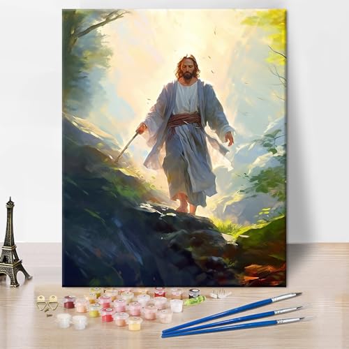 TISHIRON Farbe nach Zahl Jesus DIY Farbe nach Zahl Kits Jesus Wandern im Wald Ölgemälde nach Zahlen für Erwachsene Anfänger Jesus Gott Malerei Acrylfarbe Handwerk für Home Decor Rahmenlose 16x20 Inch von TISHIRON