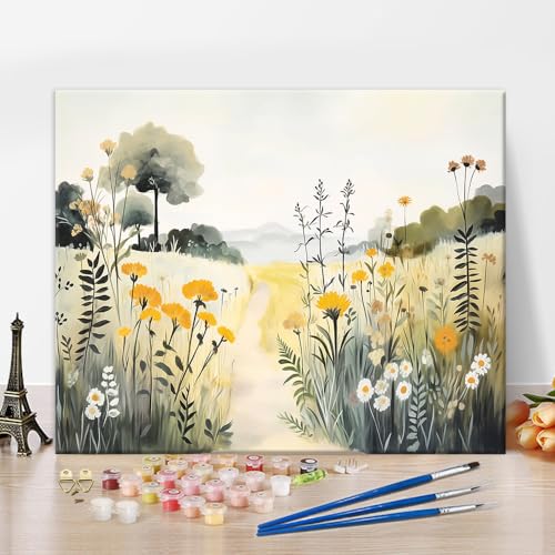 TISHIRON Farbe nach Zahlen Aquarell Malerei Blumen Malerei Kits nach Zahl für Erwachsene Kinder Wiese mit Blumen Leinwand Wanddekoration mit Pinseln Acrylpigment für Home Wohnzimmer Dekor 16"x20" von TISHIRON