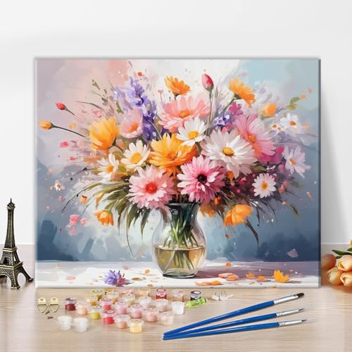 TISHIRON Farbe nach Zahlen Erwachsene und Kinder Anfänger, Blumenstrauß in einer Vase auf dem Tisch DIY Farbe nach Zahlen, mit Pinseln und Acrylpigment, ohne Rahmen Home Wall Decor Geschenk 16"x20" von TISHIRON