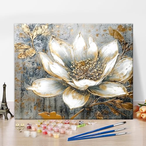 TISHIRON Farbe nach Zahlen Floral, Blume Gemalt mit Goldfarbe Malerei DIY Malerei nach Zahlen Kits mit 3 Pinseln und Acrylfarbe, 16x20 inch Farbe nach Zahl auf Leinwand Erwachsene für Home Decor von TISHIRON