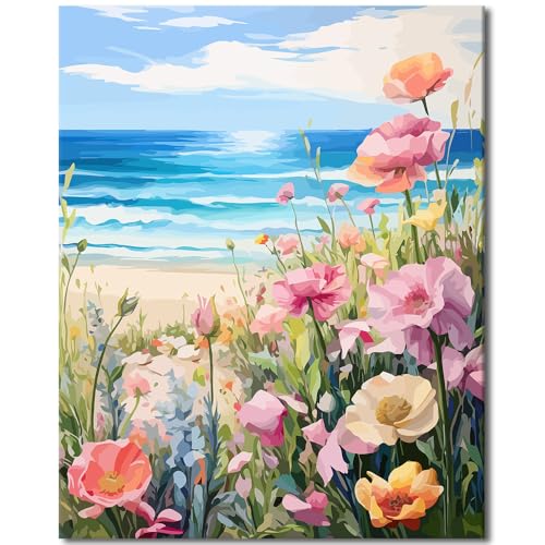 TISHIRON Farbe nach Zahlen Kit Erwachsene 16"x20" ohne Rahmen Leinwand, DIY Acrylfarbe nach Zahlen Kits Erwachsene Anfänger, Blumen Meer Landschaft Ozean Wellen Strand Zeichnung Kunst und Handwerk von TISHIRON