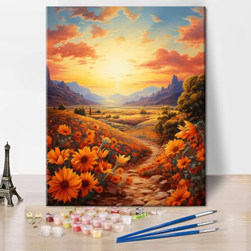 TISHIRON Farbe nach Zahlen Kit Erwachsene Anfänger, Landschaft Farbe nach Zahl, DIY Landschaft Acryl Erwachsene Farbe nach Zahl Kits auf Leinwand (Blumen unter Sonnenuntergang, 16x20 Zoll) von TISHIRON