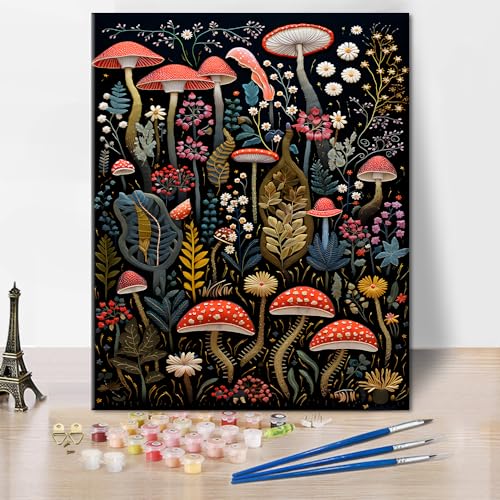 TISHIRON Farbe nach Zahlen Kit Erwachsene Anfänger DIY Acryl Pilz Floral Pflanzen Erwachsene Farbe nach Zahl Kits auf Leinwand ohne Rahmen, Ölgemälde nach Zahlen Kit Home Decor Geschenke 12x16 inch von TISHIRON