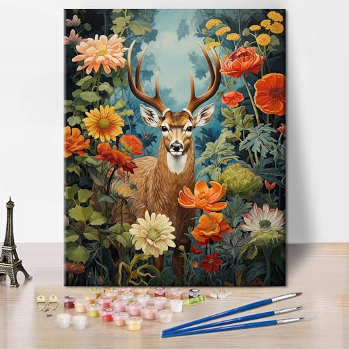 TISHIRON Farbe nach Zahlen Kit Erwachsene Hirsch in den Blumen DIY Acrylmalerei auf Leinwand Tier Kunst Malerei Kits Home Wall Decor 16x20 inch ohne Rahmen von TISHIRON