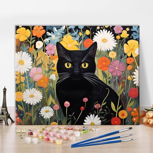 TISHIRON Farbe nach Zahlen Schwarze Katze, Farbe nach Zahl für Erwachsene, Anfänger Leinwand, Tier Floral Ölgemälde Kits, perfekt für Studenten Schlafsaal Lernraum Wanddekoration 16x20inch von TISHIRON