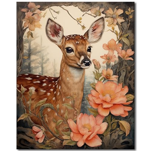 TISHIRON Farbe nach Zahlen Sika Deer, Farbe nach Zahl wachsende Leinwand, Tier Wald Blume DIY Ölgemälde Handwerk Kits, Geeignet für Büro Studie Wohndekorationen und Geschenke 16"x20" von TISHIRON