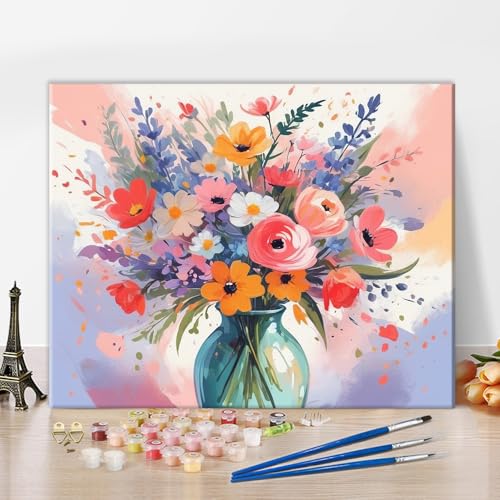 TISHIRON Farbtafel Set auf Leinwand, Strauß von Frühlingsblumen in Einer Vase Aquarell Stil, Farbtafel für Erwachsene und Anfänger, für Heimwanddekoration 16x20 Zoll von TISHIRON