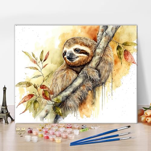 TISHIRON Faultier Hanging On Tree Malen nach Zahlen für Erwachsene Anfänger, Wildes Tier Aquarell Malerei Malen nach Zahlen Kits auf Leinwand Acrylfarbe Zeichnung Malerei Ölmalerei Home Decor16x20In von TISHIRON