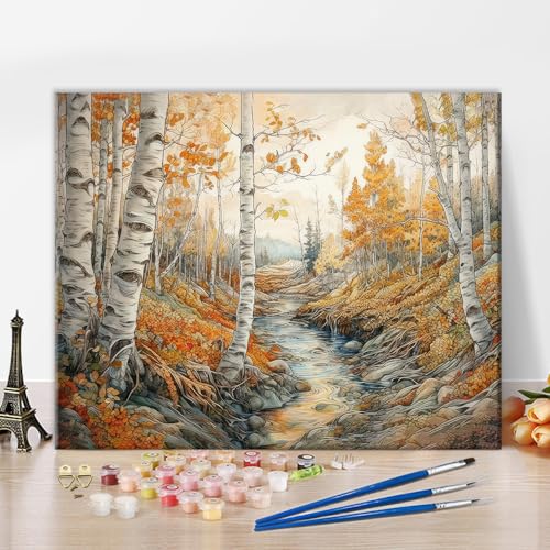 TISHIRON Fluss- und Birkenbäume Malen nach Zahlen für Erwachsene, Herbstlandschaft DIY Ölgemälde nach Zahlen auf Leinwand mit Pinseln Acrylfarben für Kinder - 16"x20", Rahmenlos von TISHIRON