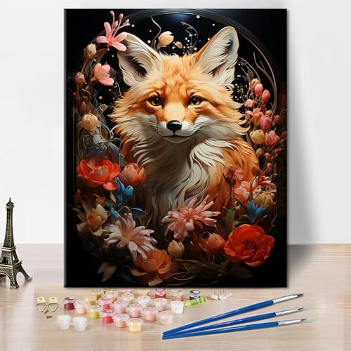 TISHIRON Fuchs mit Blumen Farb Nummer Set für Erwachsene Anfänger Wildtier Tiere Ölmalerei Farbtafel Sets Leinwand Kunstwerk für Wanddekoration Rahmenlos 40x50 cm von TISHIRON