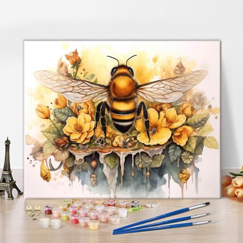 TISHIRON Gelbe Biene DIY Farbe nach Zahlen Kit für Erwachsene Honig Aquarell Insekt Farbe nach Zahlen Bunte Blumenfarbe nach Zahlen Kit Acrylgemälde Ölgemälde Kunst Handwerk, 16"x20" Rahmenlos von TISHIRON