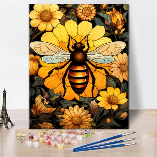 TISHIRON Gelbe Biene Malen nach Zahlen Kits, DIY Blume Acryl einfach Malen nach Zahlen Kits auf Leinwand Geschenke Haus Wanddekoration, Ideal Kunst Geschenk für Kinder 16x20inch rahmenlos von TISHIRON