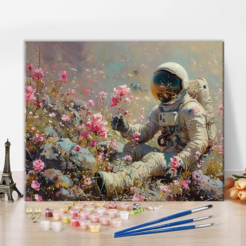 TISHIRON Gemälde von Hand Malen nach Zahlen Erwachsene Malsets für Erwachsene mit Pinseln Astronaut auf dem Planeten Malen nach Zahlen auf Leinwand Acryl Pigment Kunsthandwerk 16x20inch von TISHIRON