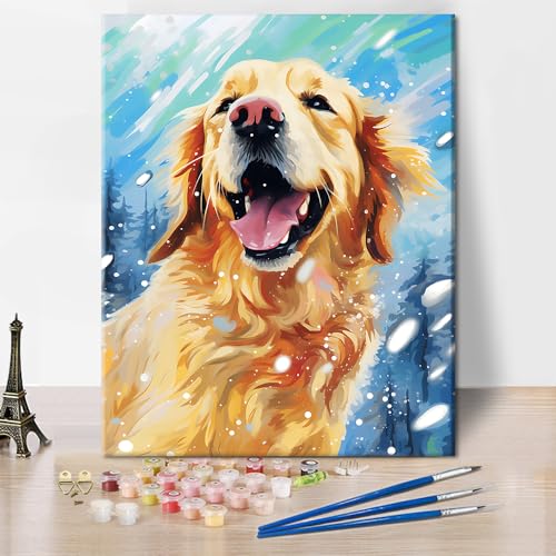 TISHIRON Golden Retriever Malen nach Zahlen Abstraktes Ölgemälde Malen nach Zahlen Erwachsene Malen nach Zahlen DIY Malen nach Zahlen Kits süßer Welpe Malen nach Zahlen Heimdekoration, 40x50cm von TISHIRON