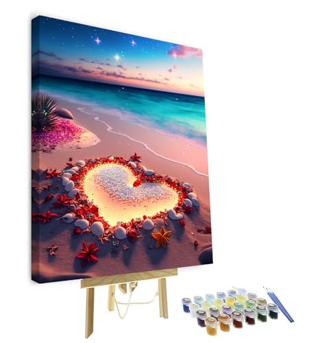 TISHIRON Herz Strand Malen nach Zahlen Erwachsene Öl-Handmalerei Meer Ozean Erwachsene Malen nach Zahlen Kits auf Leinwand mit Pinseln Malerei Kunst Handwerk Leinwand Geschenke 16 "x20(Rahmen) von TISHIRON