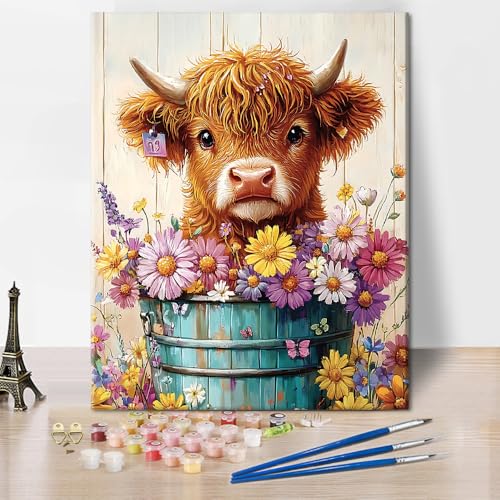 TISHIRON Highland Cow Malen nach Zahlen für Erwachsene- Tier Malen nach Zahlen Kit für Erwachsene, Öl Hand Malerei Zeichnung Blume, Acryl Malen nach Zahlen Kits auf Leinwand 40 x 50 cm(rahmenlos) von TISHIRON