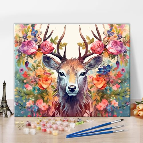 TISHIRON Hirsch Ölmalerei nach Zahlen für Erwachsene Bunte Tierwelt DIY Malen nach Zahlen für Anfänger Kinder Bunte Blumen Leinwand für Malerei Acryl Pigment Kunsthandwerk für Home Office 16 "x20 von TISHIRON