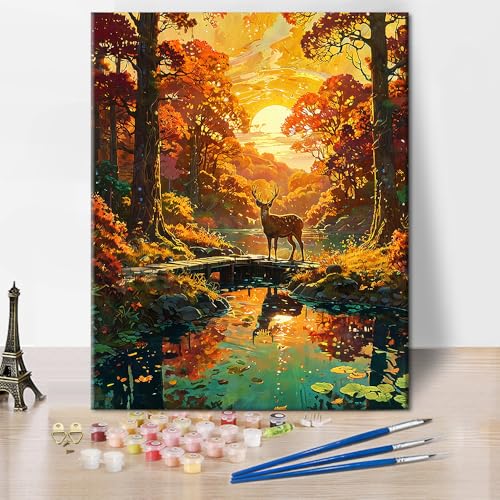 TISHIRON Hirsche Malen nach Zahlen Erwachsene, Wald DIY Ölgemälde für Erwachsene, DIY Acryl Malen nach Zahlen Kits auf Leinwand Sonnenuntergang Landschaft, Malen nach Zahlen 40 x 50 cm(rahmenlos) von TISHIRON