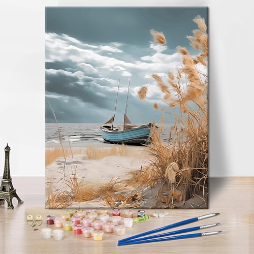 TISHIRON Holzschiff Malen nach Zahlen für Erwachsene, Strand und Boot DIY Malen nach Zahlen Schöne Landschaft Ölgemälde Acrylgemälde Kit, 40,6 x 50,8 cm ohne Rahmen Malen nach Zahlen von TISHIRON