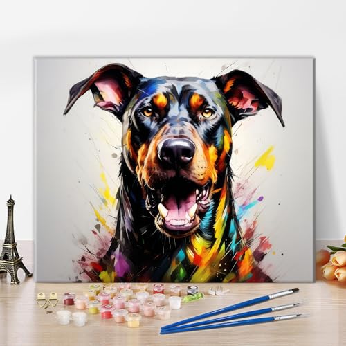 TISHIRON Hund DIY Malen nach Zahlen Bunte Dobermann Tier Haustiere Malen nach Zahlen für Erwachsene Jugendliche Kinder Malen nach Zahlen Kits auf Leinwand für Home Wall Decor Acryl 16 "x20 Frameless von TISHIRON