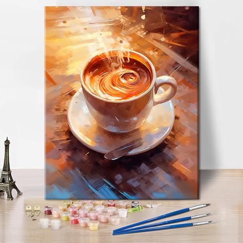 TISHIRON Kaffeetasse Digitale Zeichnung für Erwachsene Anfänger Abstrakte Ölgemälde Digitale Zeichnung Kit Kinder Warm Gelb Stil Digitale Zeichnung Kit Leinwand Digitale Zeichnung Kit 16 "x20 von TISHIRON