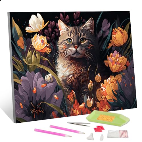 TISHIRON Katze 5D Diamond Painting Full Drill Tiere Diamond Art Paint mit runden Diamanten Blumen Diamond Painting Kits für Erwachsene Gem Art Crystal Painting Art Crafts for Home 12 "x16 von TISHIRON