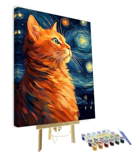 TISHIRON Katze Malen nach Zahlen Erwachsene Tiere DIY Erwachsene Malen nach Zahlen Kits auf Leinwand Sternenhimmel Öl Hand Malerei mit Pinsel und Acryl Pigment Kunsthandwerk 40 x 50 cm(Rahmen) von TISHIRON