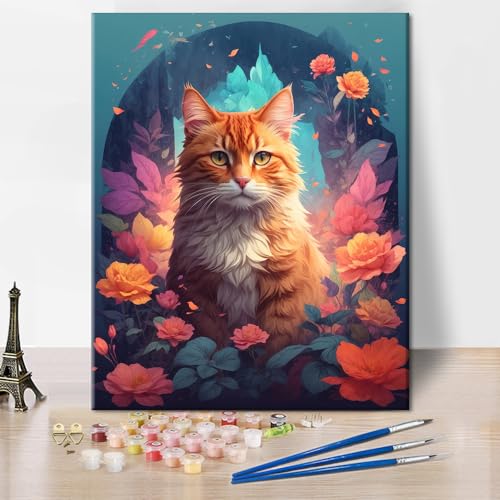 TISHIRON Katze Malen nach Zahlen Erwachsene mit Pinseln DIY Tiere Acrylmalerei nach Zahlen Kits Leinwand Geschenke Kittern und Blumen Ölmalerei nach Zahlen Kunsthandwerk 40 x 50 cm(rahmenlos) von TISHIRON