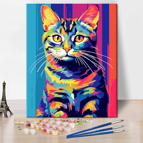 TISHIRON Katze Malen nach Zahlen für Erwachsene Anfänger Bunte Abstrakte Katze Niedliche Malerei Malen nach Zahlen Kits Auf Leinwand Acrylfarbe Tier Zeichnung Malerei mit Pinseln Ölmalerei Home Decor von TISHIRON