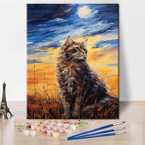 TISHIRON Katze Malen nach Zahlen für Erwachsene Anfänger Tier Melancholie Katze Mond Malerei Malen nach Zahlen Kits auf Leinwand Acrylfarbe Zeichnung Malerei Pinsel Ölmalerei Home Decor16x20In von TISHIRON