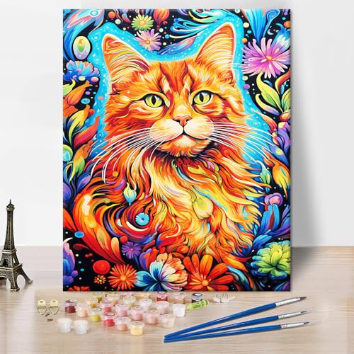 TISHIRON Katze malen durch Zahlen Kit für Erwachsene, abstrakte orange Tabby Katze DIY Farbe durch Zahlen, Aquarell Kunst Stil Katze malen durch Zahlen Kit für Anfänger Acrylfarbe Handwerk 16x20 Inch von TISHIRON