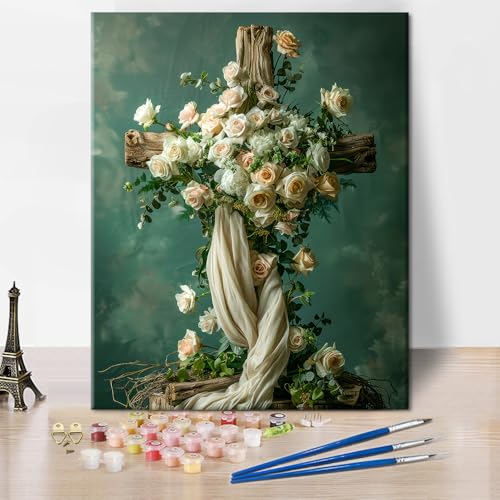 TISHIRON Kreuz Malen nach Zahlen, Elegantes Blumen-Kreuz und weiße Rosen Erwachsene Malen-nach-Zahlen-Sets, Blumen DIY Ölmalerei mit Pinsel und Pigment, Rosen Malen nach Zahlen, 40x50 CM, (Rahmenlos) von TISHIRON