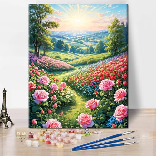 TISHIRON Landschaft Farbe nach Zahlen für Erwachsene Anfänger Sonnenwald Rose Blume Erwachsene Farbe nach Zahl Kits auf Leinwand DIY Ölgemälde Kits für Geschenk Wand Dekor 12x16inch (ohne Rahmen) von TISHIRON