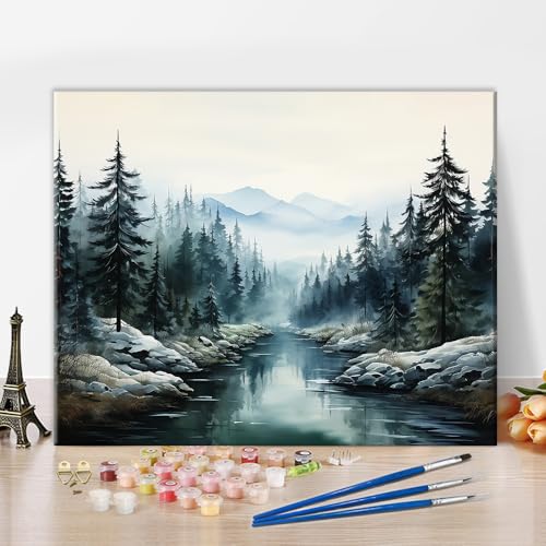 TISHIRON Landschaft Malen nach Zahlen Bausatz Erwachsene, Wald-Öl-Handmalerei für Zuhause Wanddekoration, DIY Malen nach Zahlen für Erwachsene Berg-Acrylmalerei 40 x 50 cm(rahmenlos) von TISHIRON