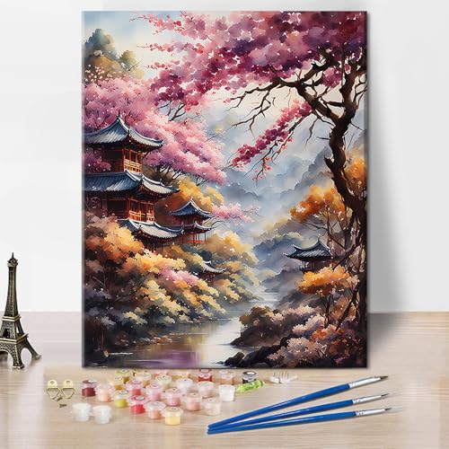 TISHIRON Landschaft Malen nach Zahlen Kit für Erwachsene- Malen nach Zahlen Kits auf Leinwand Wald, Kirsche Ölgemälde für Home Wall Decor, DIY Acrylmalerei Kits 40 x 50 cm(rahmenlos) von TISHIRON