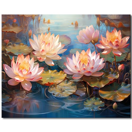 TISHIRON Lotus Blume Ölfarbe nach Wahl DIY Acryl Paintwork Kit Kinder Erwachsene Anhänger Doodle Graffiti Leinwand Malerei nach Zahlen Malerei Kunst Handwerk Geschenk 16x20 Rahmenlose Wasserlilie von TISHIRON