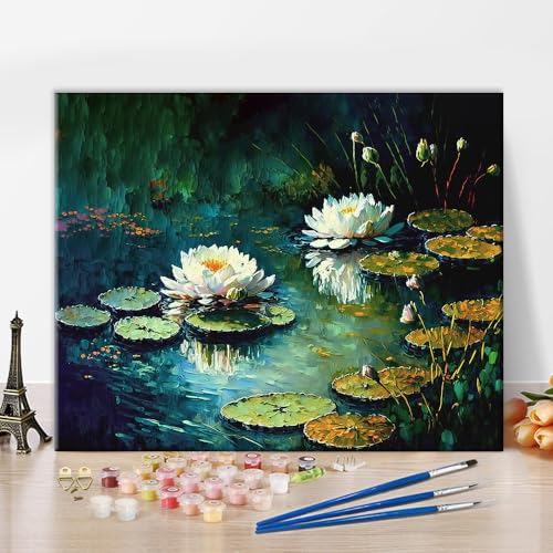 TISHIRON Lotus Malen nach Zahlen Erwachsene, Lotusblatt Malen nach Zahlen Kit für Erwachsene, Blumen Acrylmalerei Kits für Home Decor, Malen nach Zahlen auf Leinwand 40 x 50 cm(rahmenlos) von TISHIRON