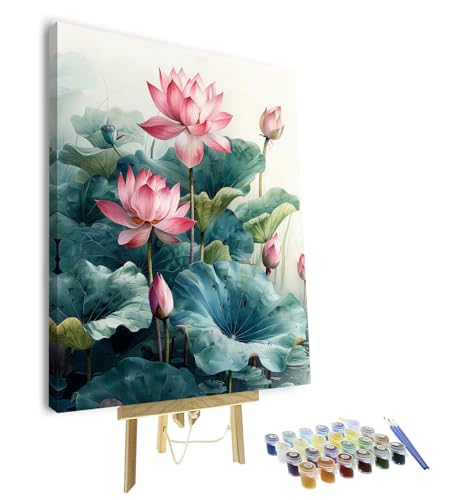 TISHIRON Lotus und Blätter Malen nach Zahlen für Erwachsene Anfänger Lotus Teich Farbe nach Zahlen Acrylfarbe Leinwand für Malerei Wasserfarben Farbe Set Kunst Kits für Jugendliche (Gerahmt, 40x50cm von TISHIRON